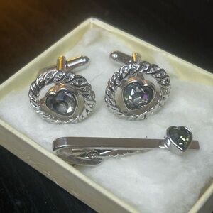 Silver Heart Cufflinks and Tie Clip Set - Silver